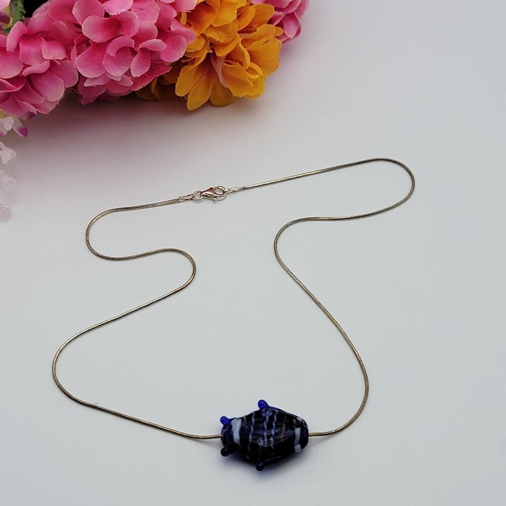 Vintage Italian Blue Glass Fish Sterling Silver Necklace 18 Inch